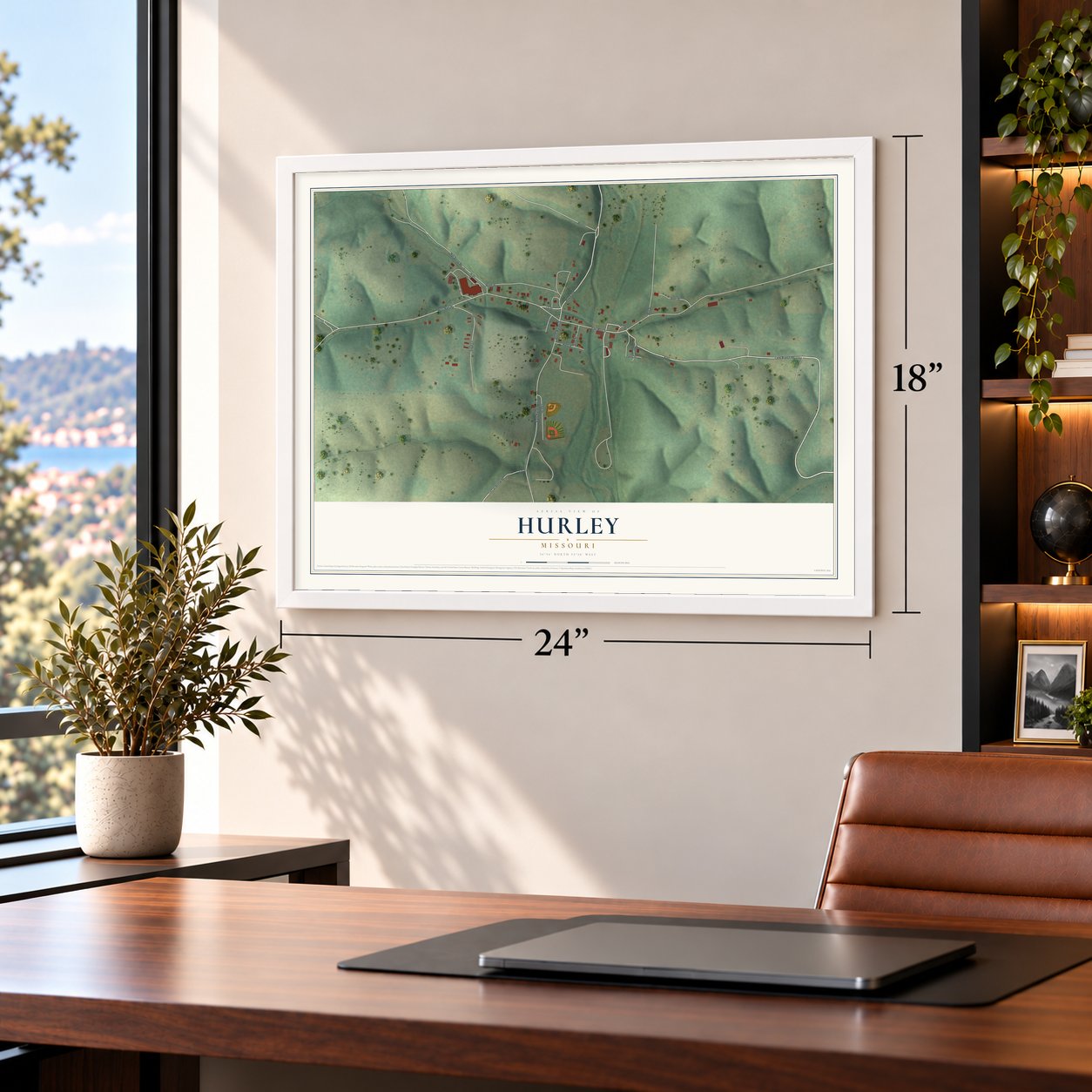 Hurley, Missouri map, 18 x 24 inch print in a white frame in a home office