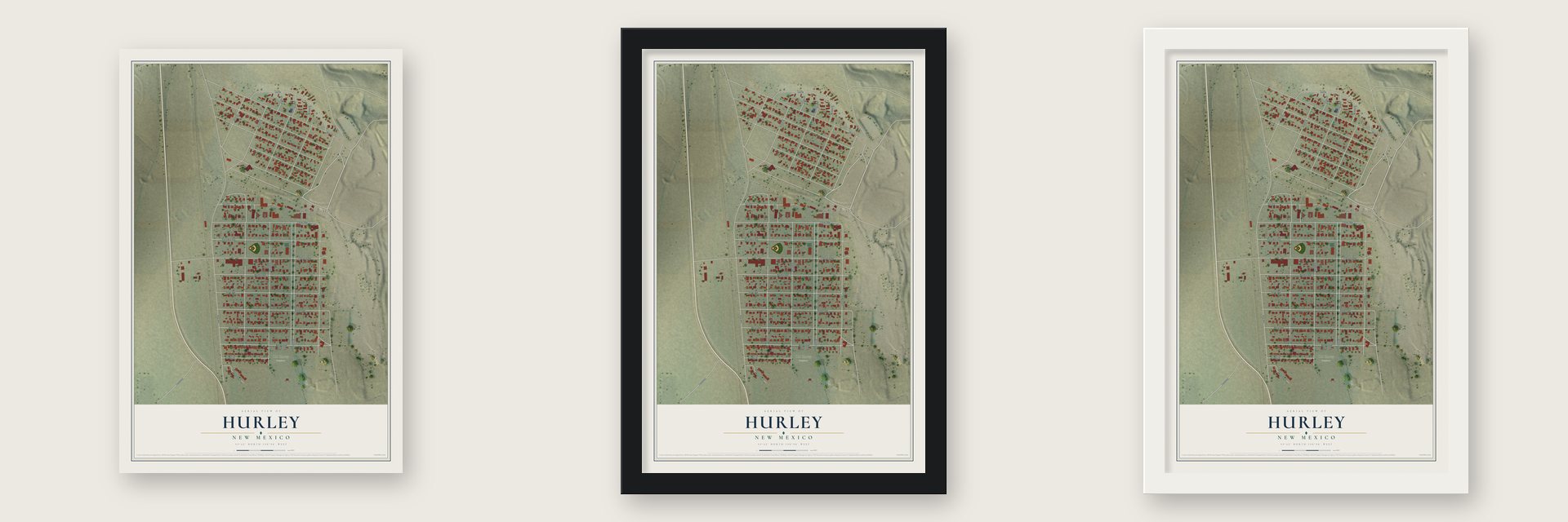 Hurley, New Mexico map unframed, in a black wood frame and in a white wood frame
