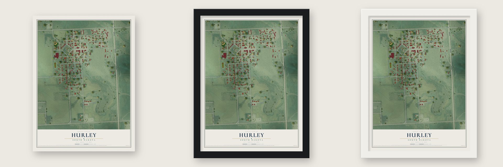 Hurley, South Dakota map unframed, in a black wood frame and in a white wood frame