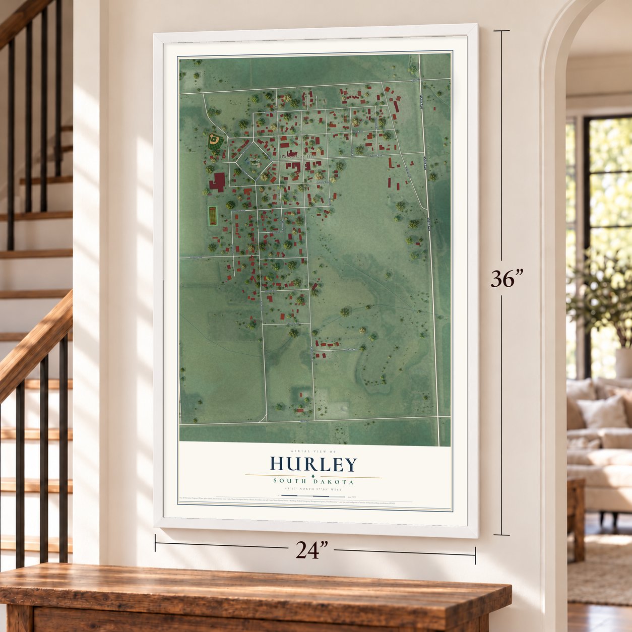 Hurley, South Dakota map, 24 x 36 inch print in a white frame by a staircase