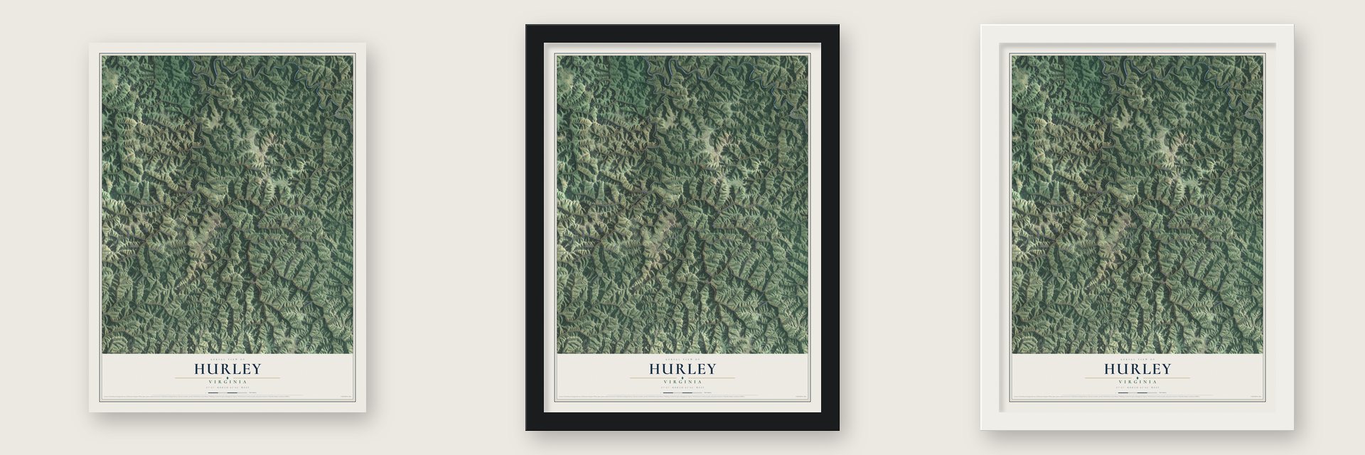 Hurley, Virginia map unframed, in a black wood frame and in a white wood frame