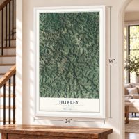 Hurley, Virginia map, 24 x 36 inch print in a white frame by a staircase