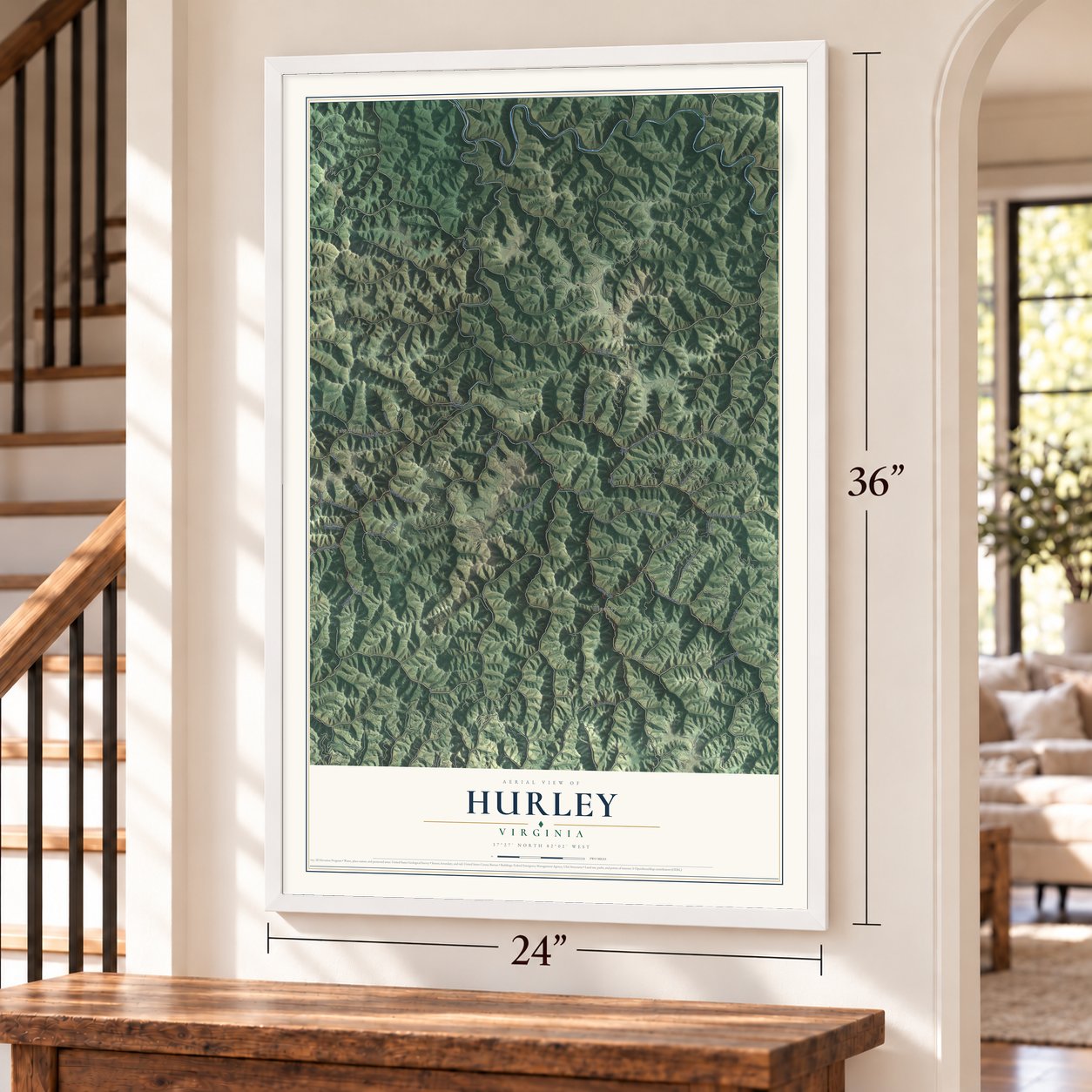 Hurley, Virginia map, 24 x 36 inch print in a white frame by a staircase