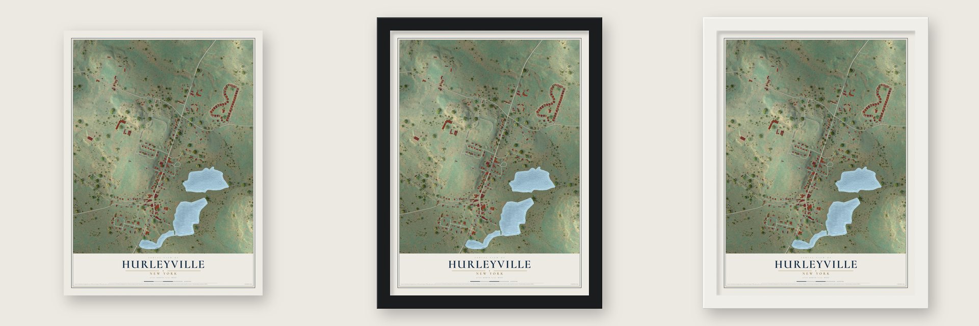 Hurleyville, New York map unframed, in a black wood frame and in a white wood frame