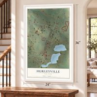 Hurleyville, New York map, 24 x 36 inch print in a white frame by a staircase