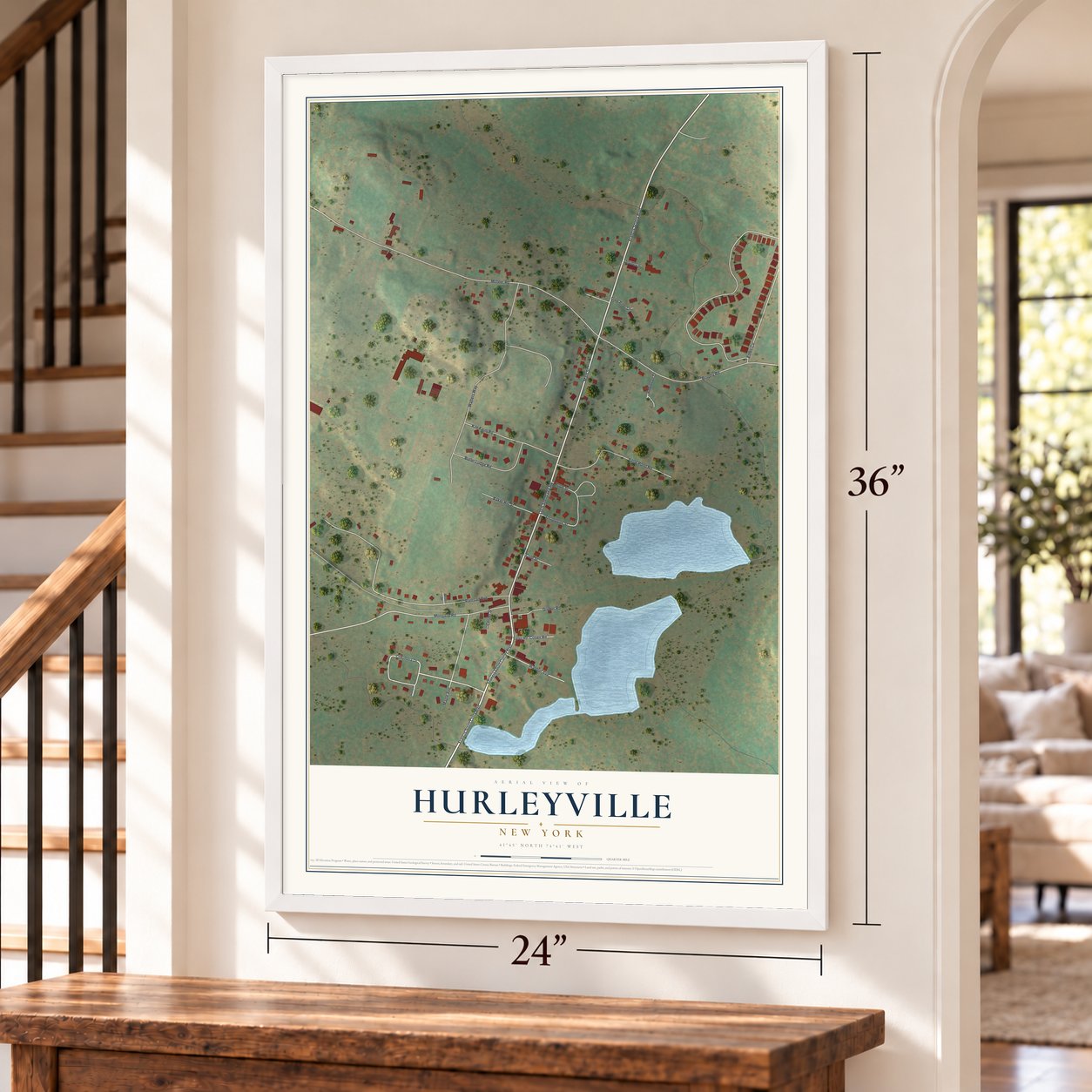 Hurleyville, New York map, 24 x 36 inch print in a white frame by a staircase