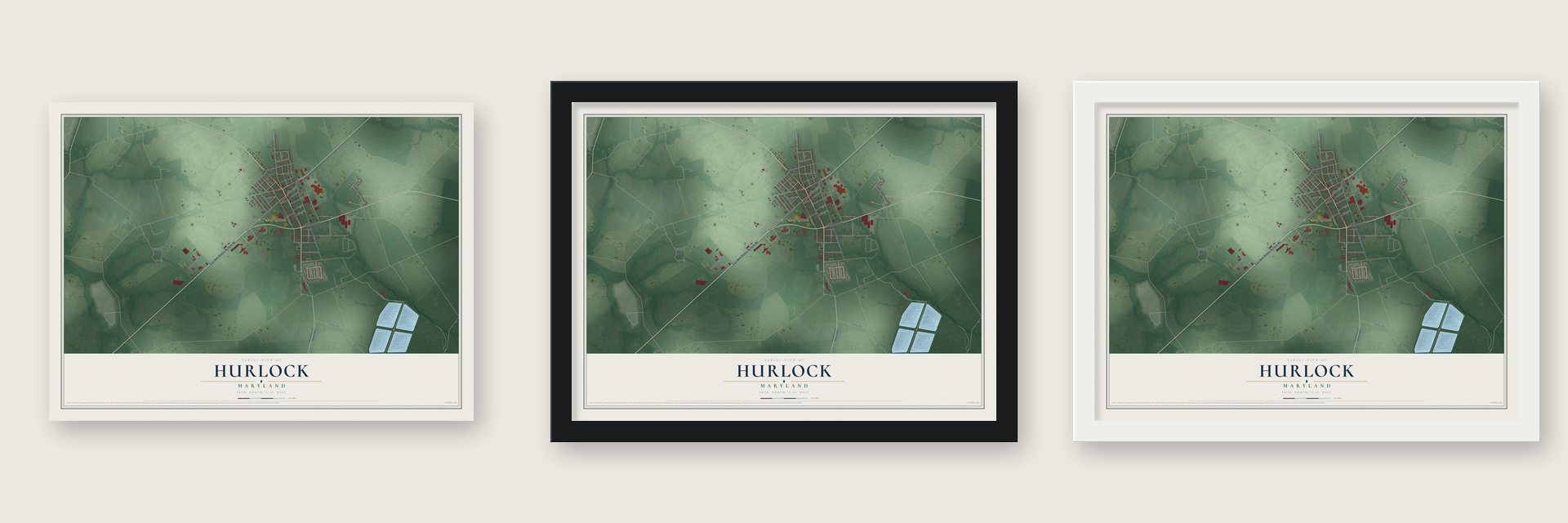 Hurlock, Maryland map unframed, in a black wood frame and in a white wood frame