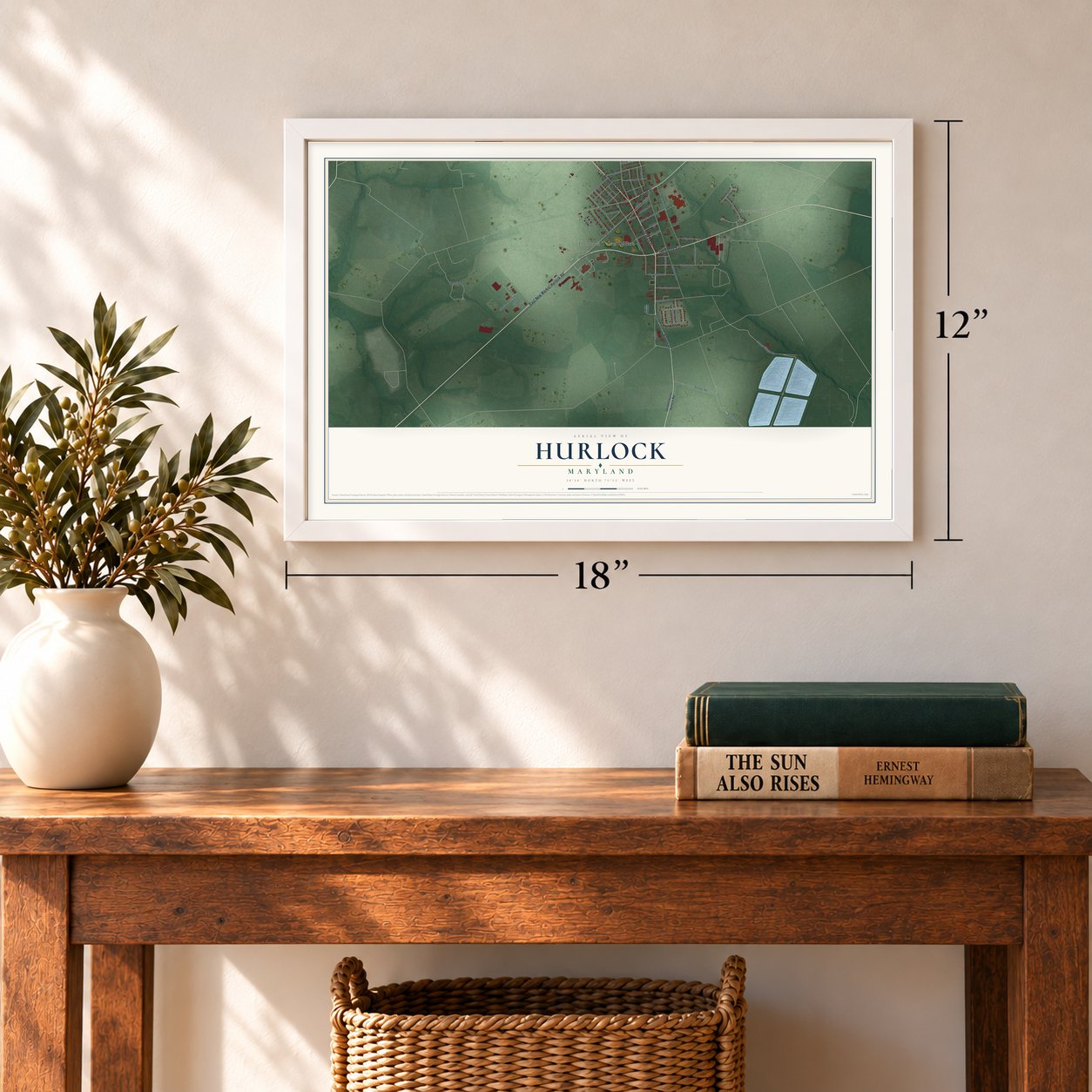 Hurlock, Maryland map, 12 x 18 inch print in a white frame in an entryway