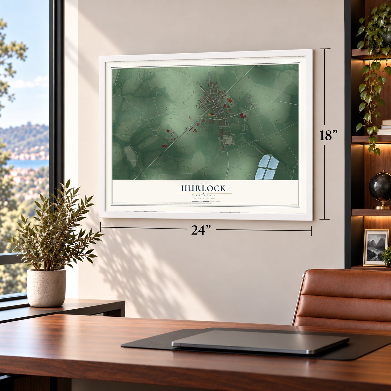 Hurlock, Maryland map, 18 x 24 inch print in a white frame in a home office