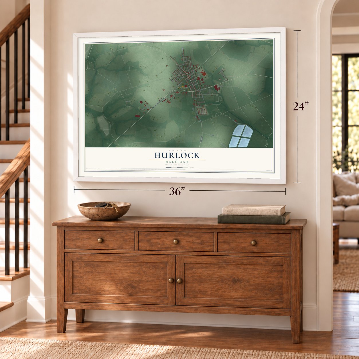 Hurlock, Maryland map, 24 x 36 inch print in a white frame above a dresser by a staircase
