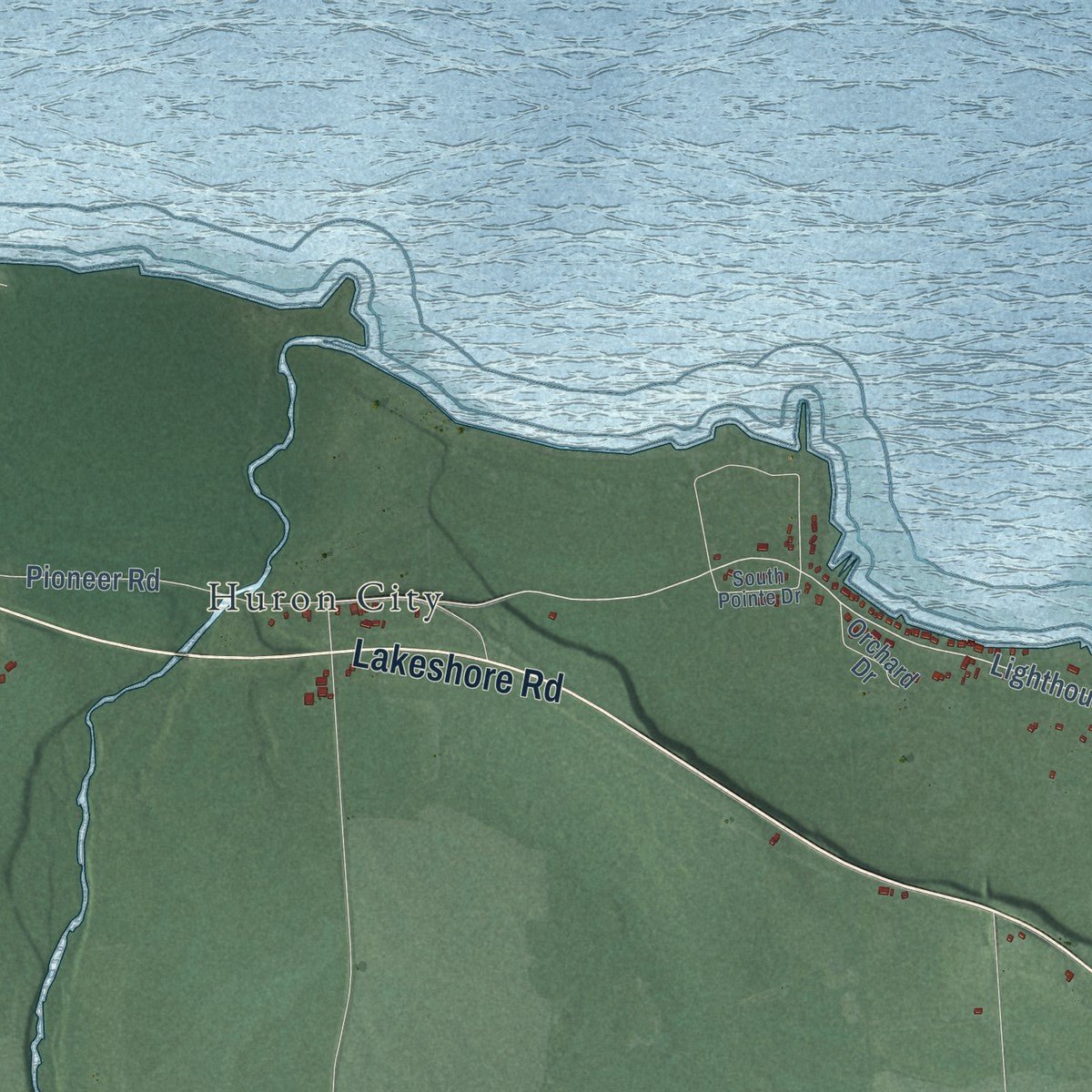 Second close-up of the map of Huron, Huron County, Michigan print showing more streets and buildings