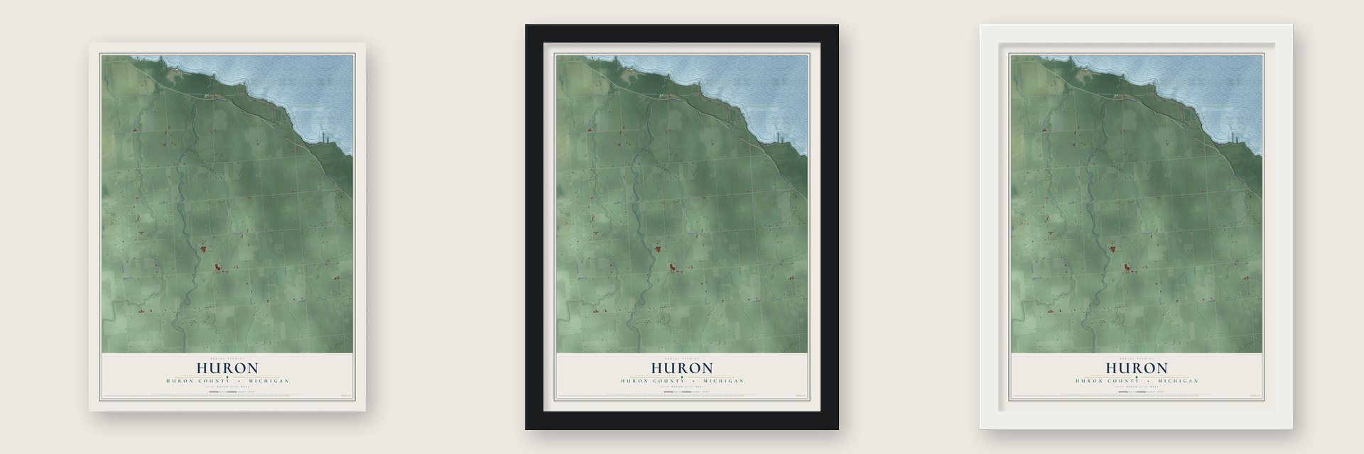 Huron, Huron County, Michigan map unframed, in a black wood frame and in a white wood frame