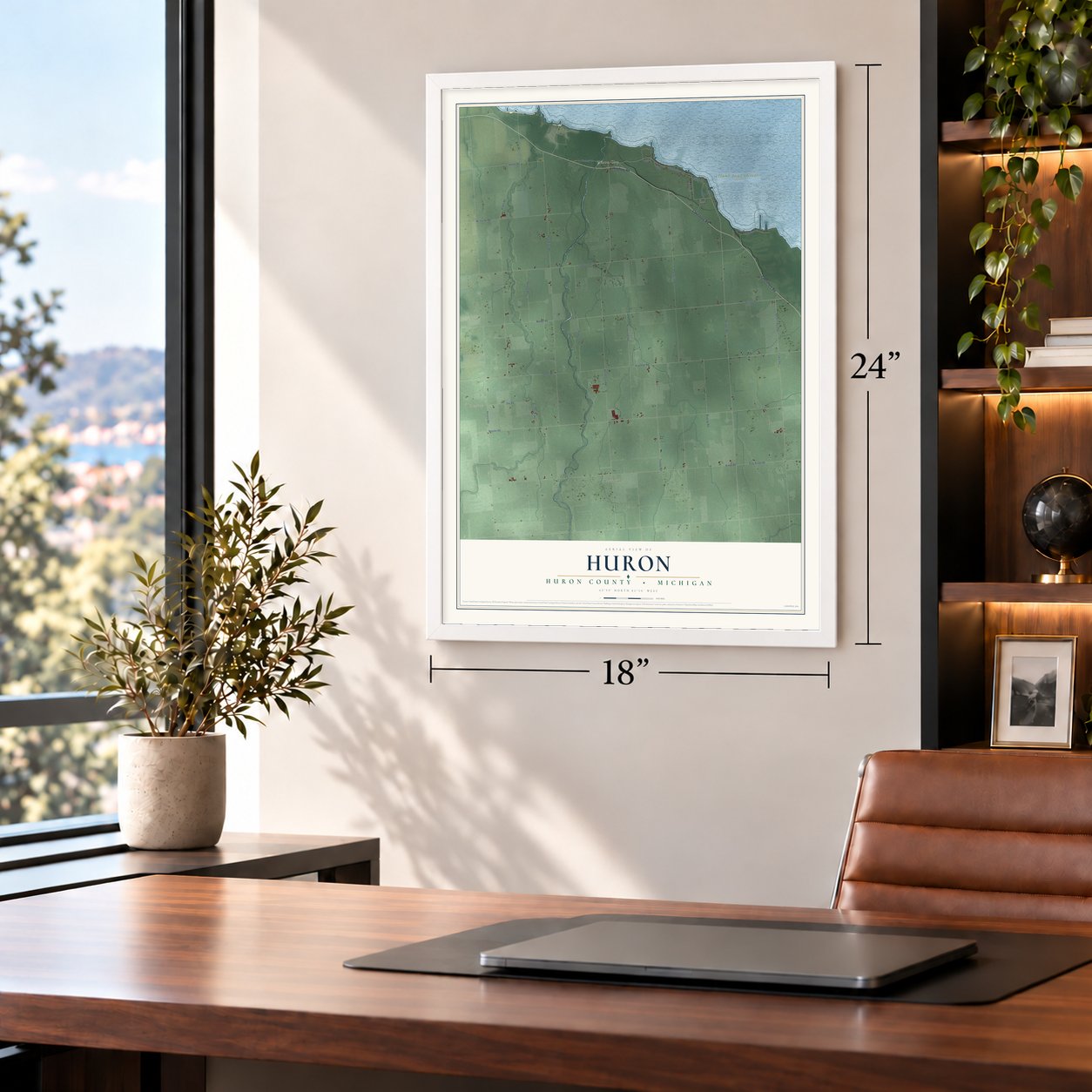 Huron, Huron County, Michigan map, 18 x 24 inch print in a white frame in a home office
