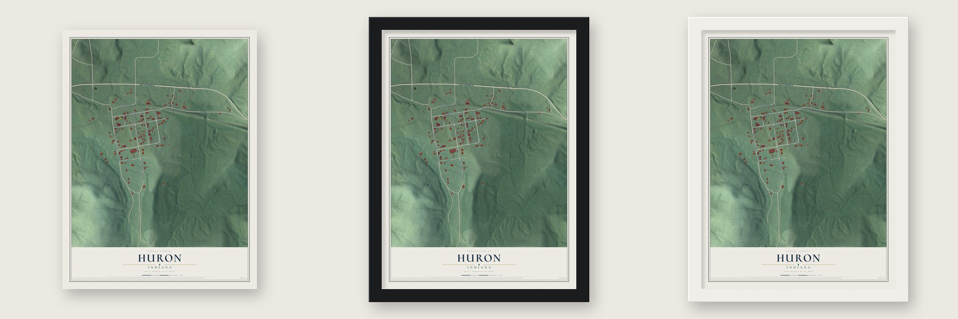 Huron, Indiana map unframed, in a black wood frame and in a white wood frame