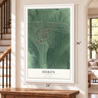 Huron, Indiana map, 24 x 36 inch print in a white frame by a staircase