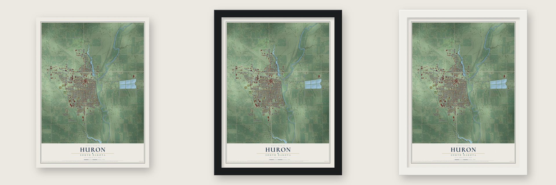 Huron, South Dakota map unframed, in a black wood frame and in a white wood frame