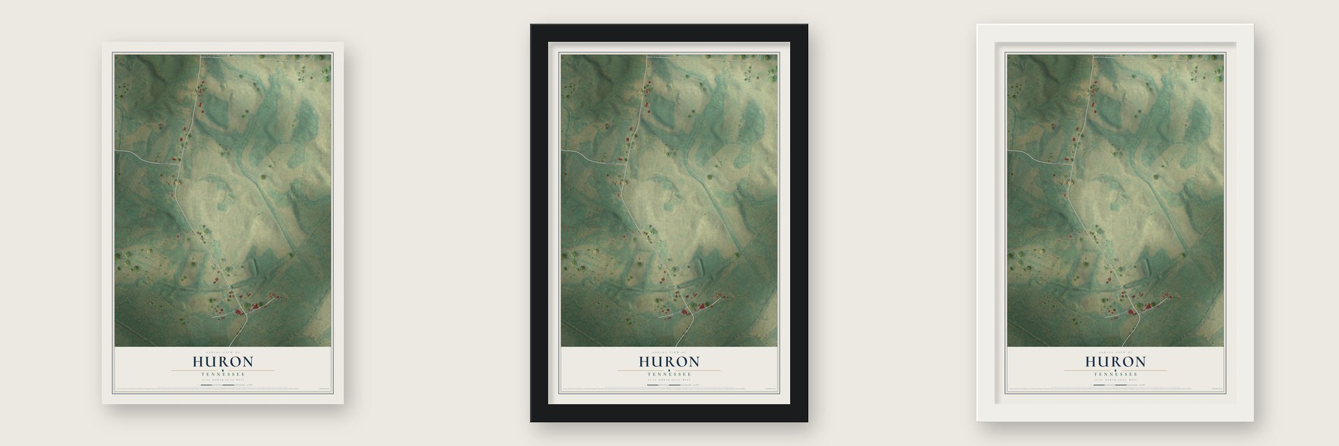 Huron, Tennessee map unframed, in a black wood frame and in a white wood frame