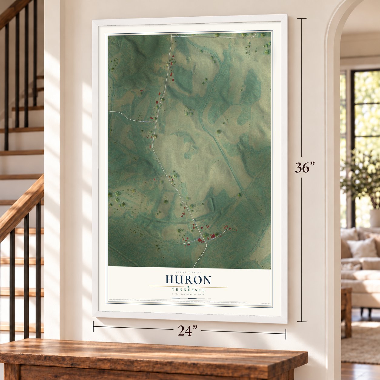 Huron, Tennessee map, 24 x 36 inch print in a white frame by a staircase