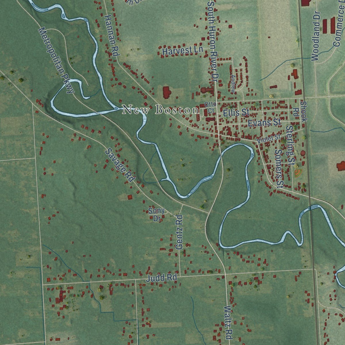 Second close-up of the map of Huron, Wayne County, Michigan print showing more streets and buildings