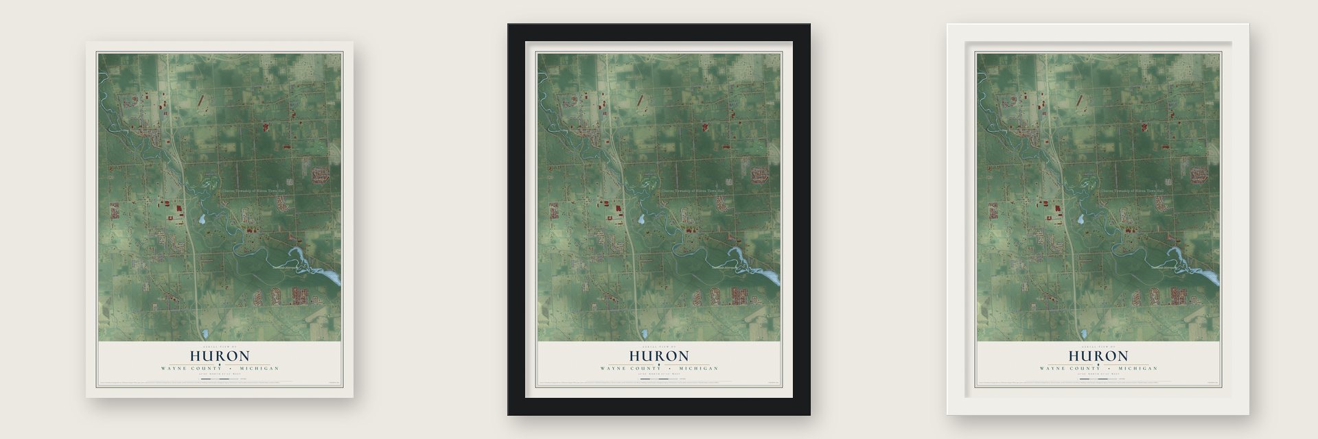 Huron, Wayne County, Michigan map unframed, in a black wood frame and in a white wood frame