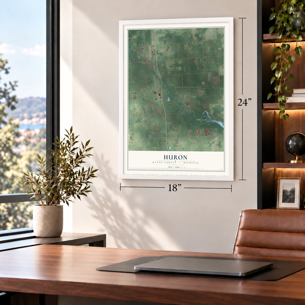 Huron, Wayne County, Michigan map, 18 x 24 inch print in a white frame in a home office