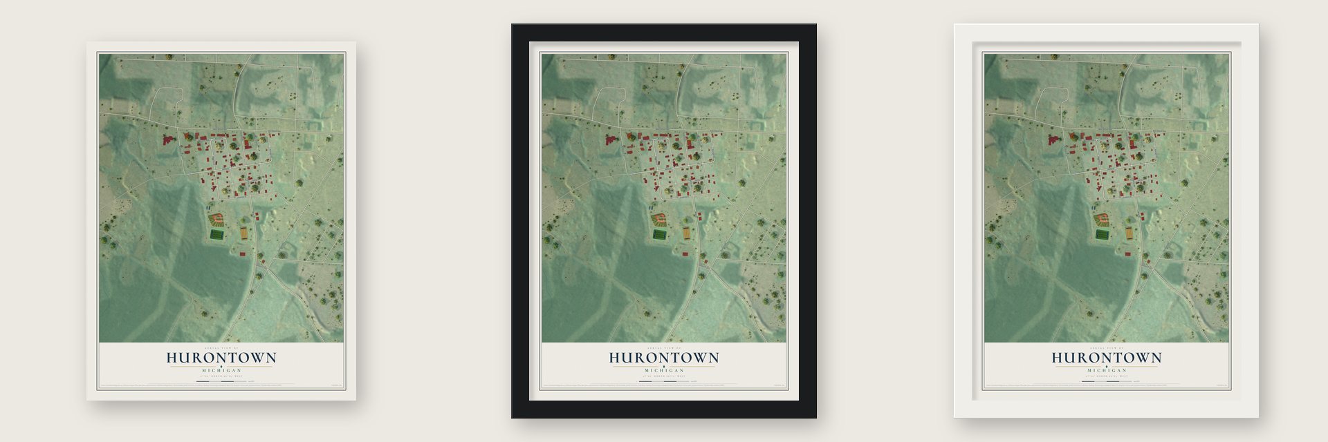Hurontown, Michigan map unframed, in a black wood frame and in a white wood frame
