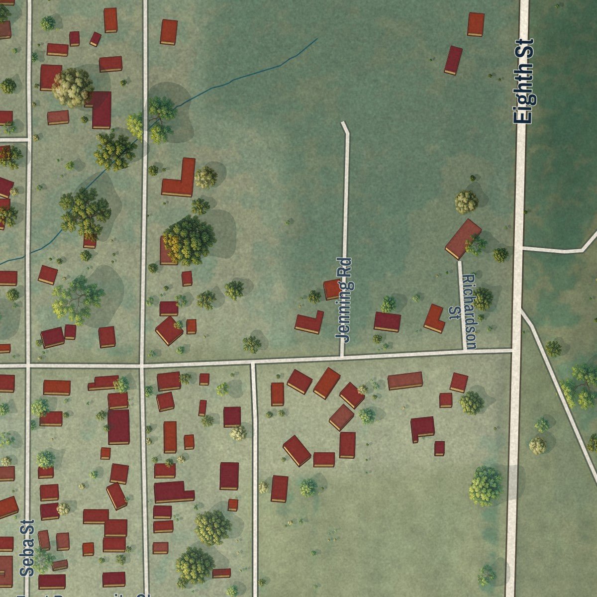 Second close-up of the map of Hurst, Illinois print showing more streets and buildings