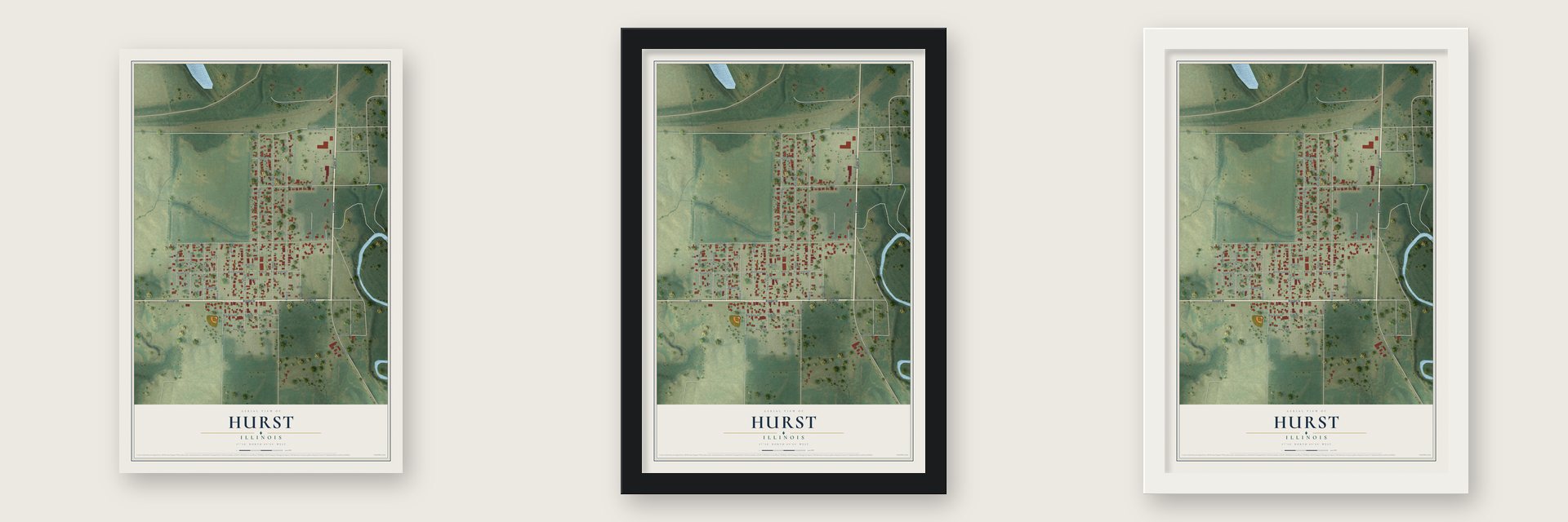Hurst, Illinois map unframed, in a black wood frame and in a white wood frame