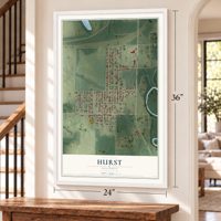 Hurst, Illinois map, 24 x 36 inch print in a white frame by a staircase