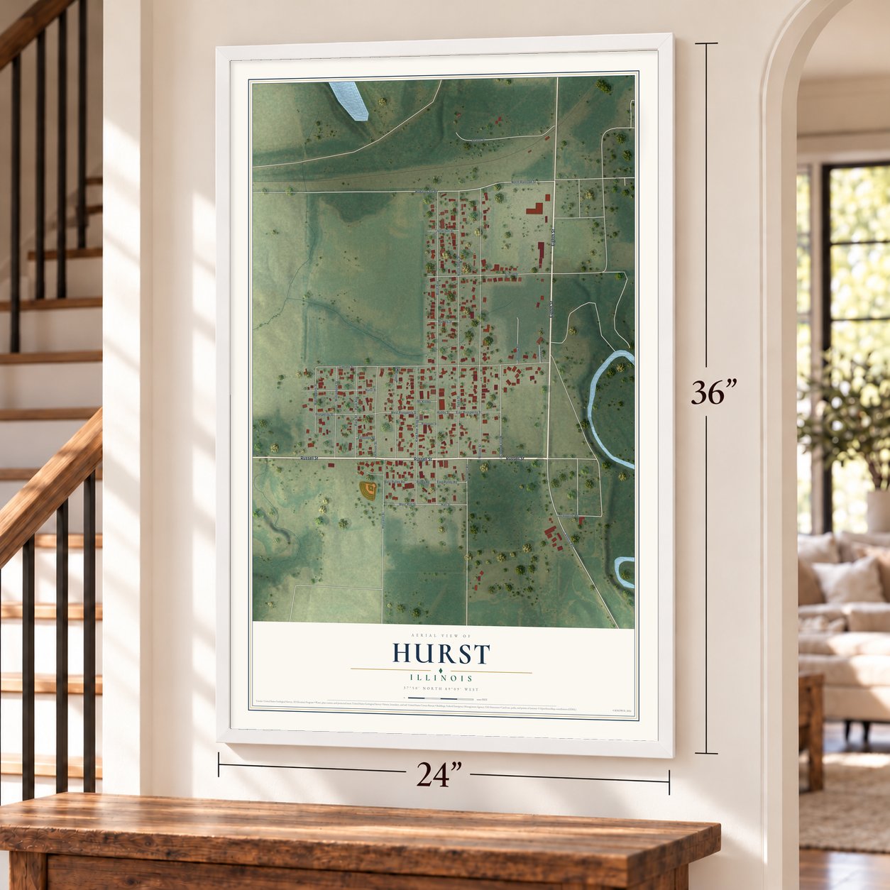Hurst, Illinois map, 24 x 36 inch print in a white frame by a staircase