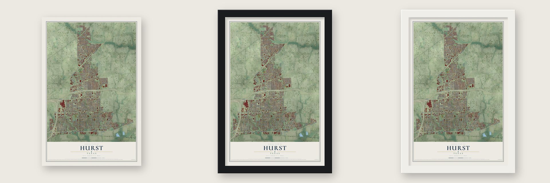 Hurst, Texas map unframed, in a black wood frame and in a white wood frame
