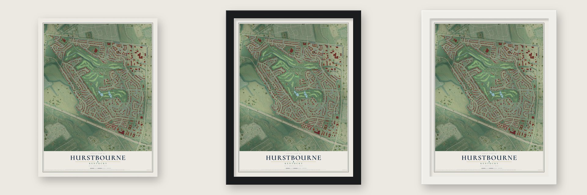 Hurstbourne, Kentucky map unframed, in a black wood frame and in a white wood frame