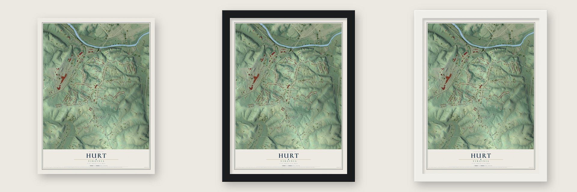 Hurt, Virginia map unframed, in a black wood frame and in a white wood frame