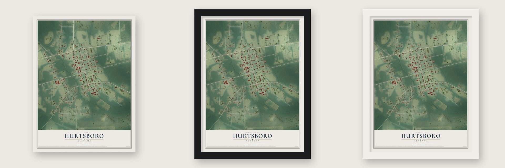 Hurtsboro, Alabama map unframed, in a black wood frame and in a white wood frame