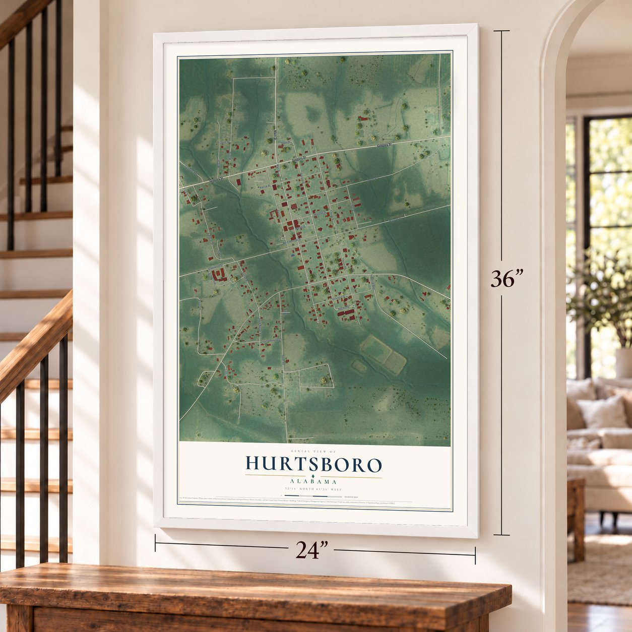 Hurtsboro, Alabama map, 24 x 36 inch print in a white frame by a staircase
