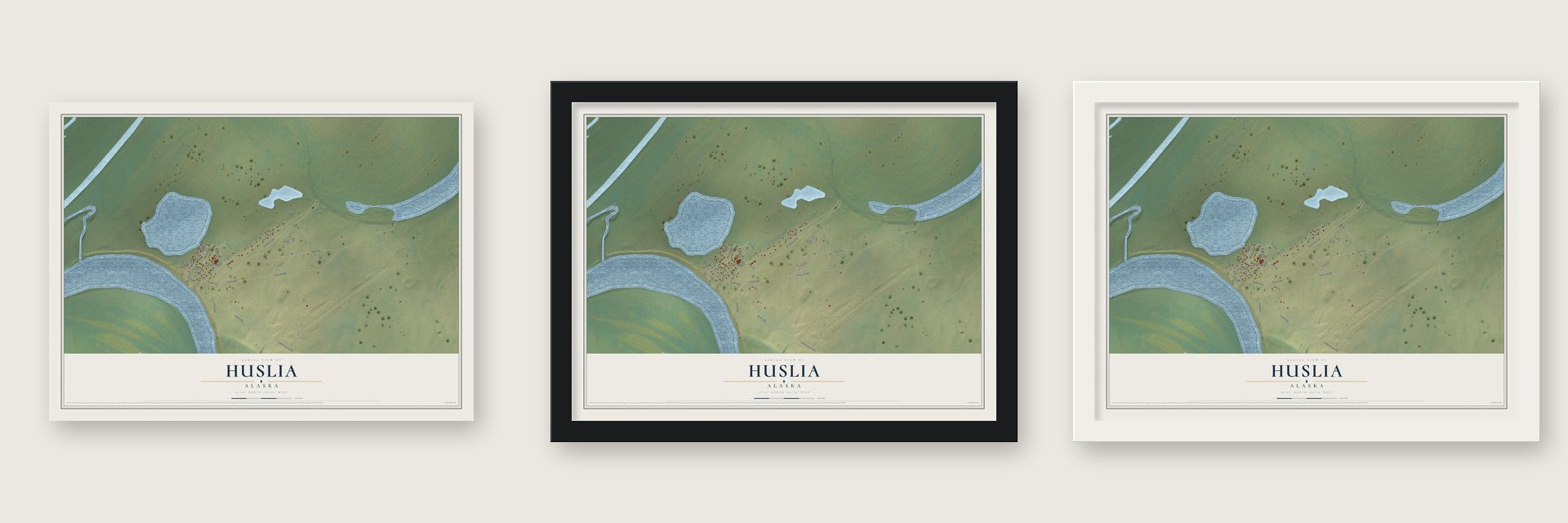 Huslia, Alaska map unframed, in a black wood frame and in a white wood frame