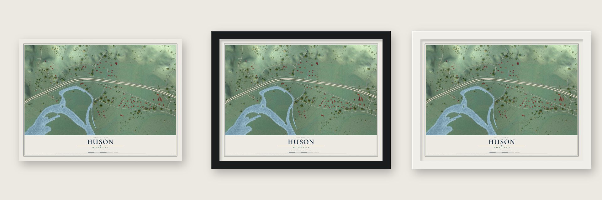 Huson, Montana map unframed, in a black wood frame and in a white wood frame