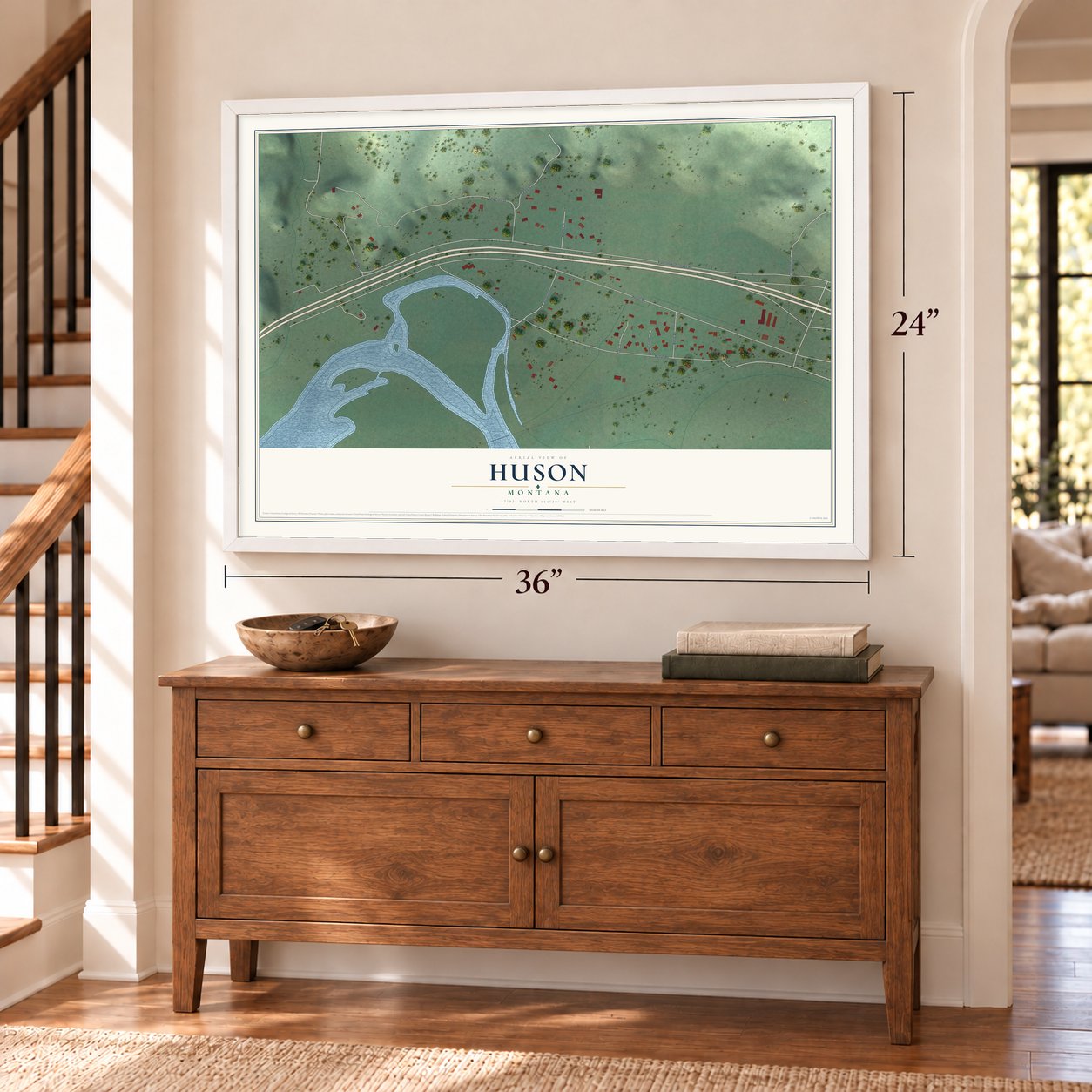 Huson, Montana map, 24 x 36 inch print in a white frame above a dresser by a staircase