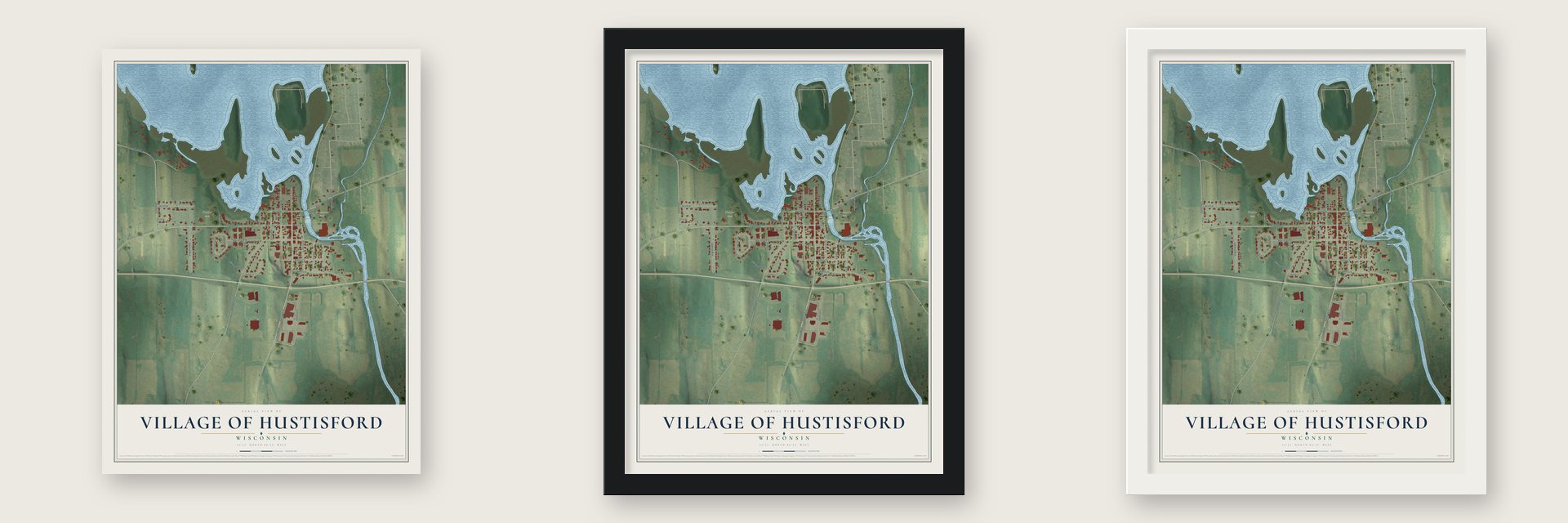 Hustisford, Wisconsin map unframed, in a black wood frame and in a white wood frame