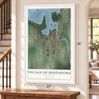 Hustisford, Wisconsin map, 24 x 36 inch print in a white frame by a staircase