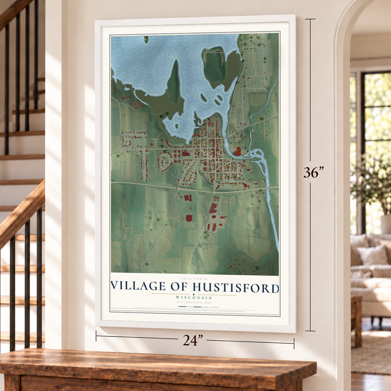 Hustisford, Wisconsin map, 24 x 36 inch print in a white frame by a staircase