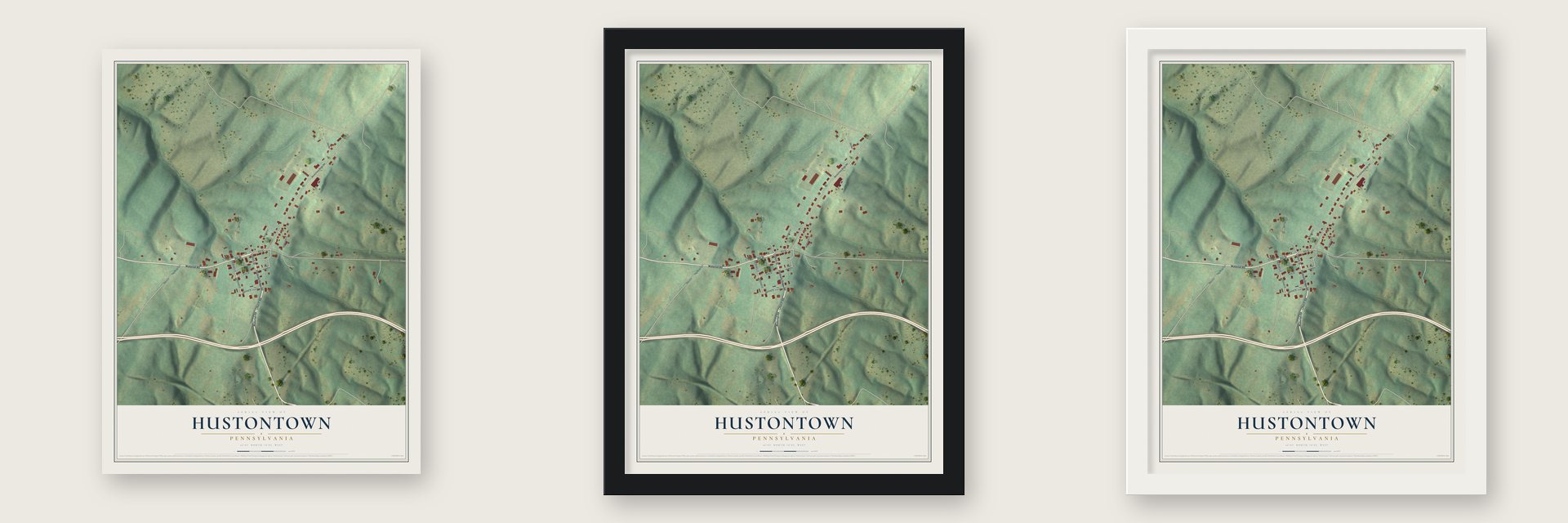 Hustontown, Pennsylvania map unframed, in a black wood frame and in a white wood frame