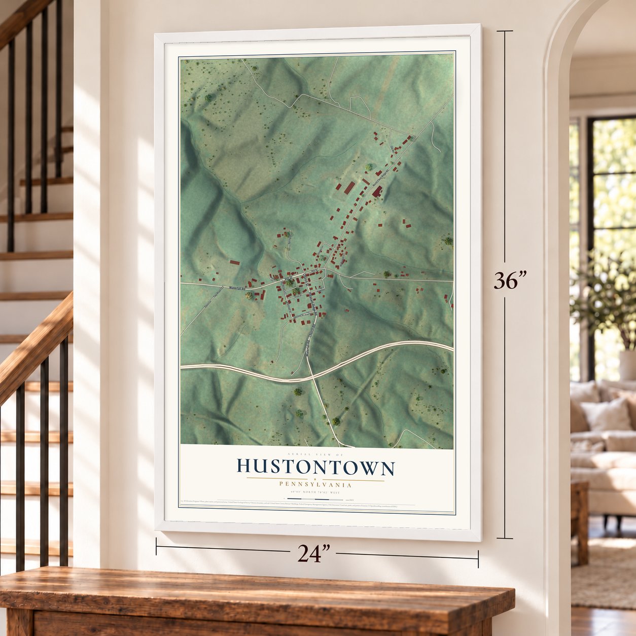 Hustontown, Pennsylvania map, 24 x 36 inch print in a white frame by a staircase