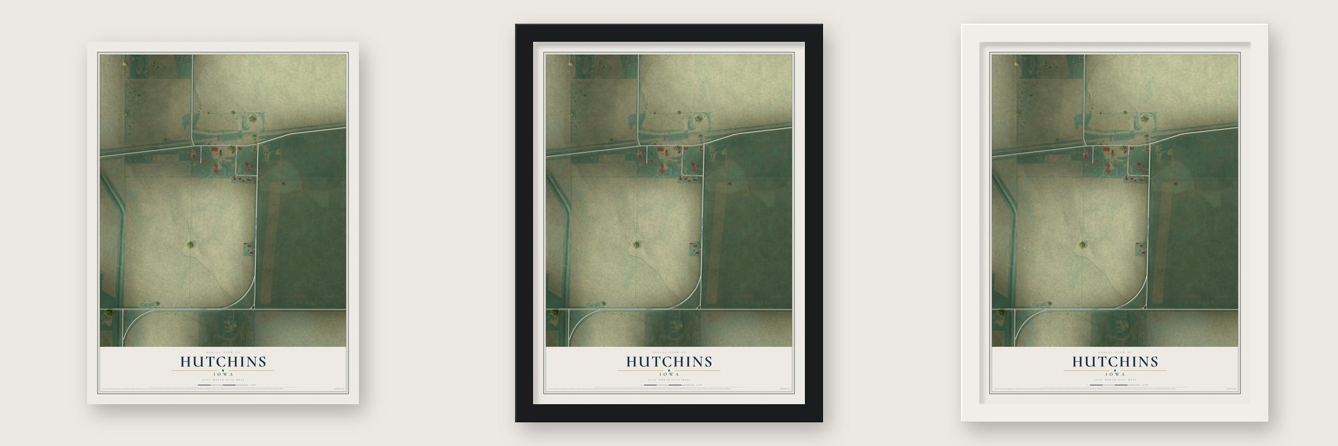 Hutchins, Iowa map unframed, in a black wood frame and in a white wood frame
