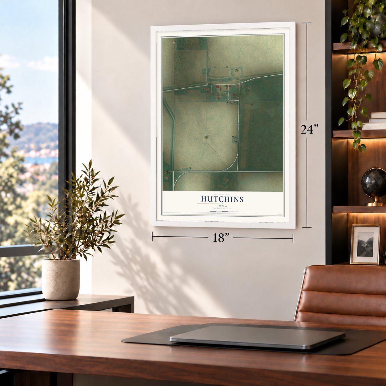 Hutchins, Iowa map, 18 x 24 inch print in a white frame in a home office