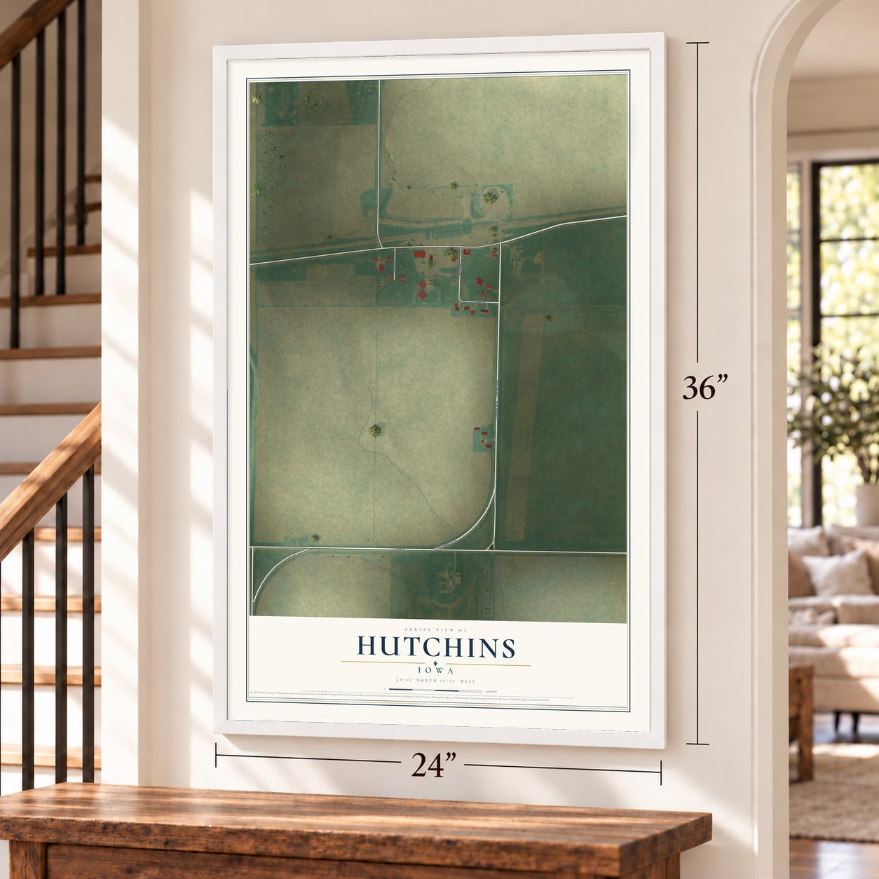 Hutchins, Iowa map, 24 x 36 inch print in a white frame by a staircase