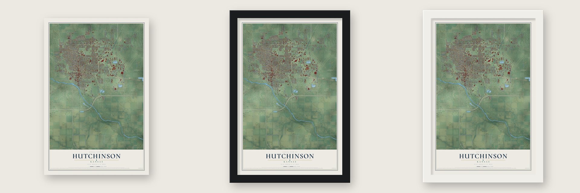 Hutchinson, Kansas map unframed, in a black wood frame and in a white wood frame