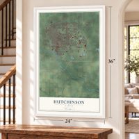 Hutchinson, Kansas map, 24 x 36 inch print in a white frame by a staircase