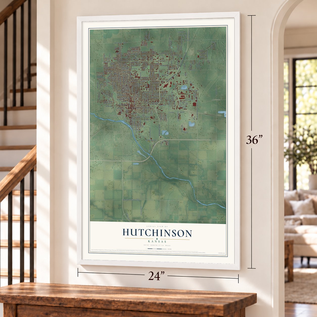 Hutchinson, Kansas map, 24 x 36 inch print in a white frame by a staircase