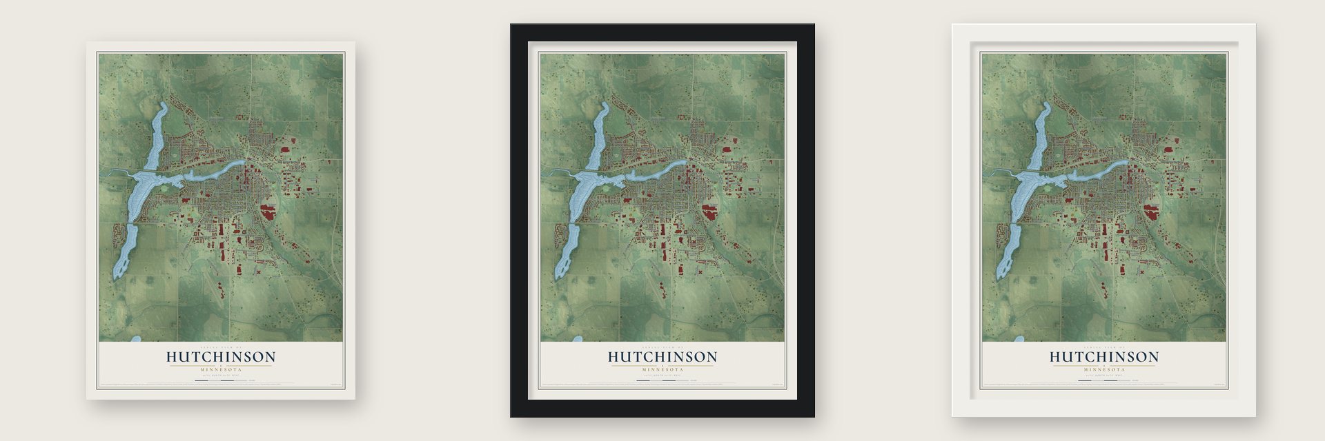Hutchinson, Minnesota map unframed, in a black wood frame and in a white wood frame
